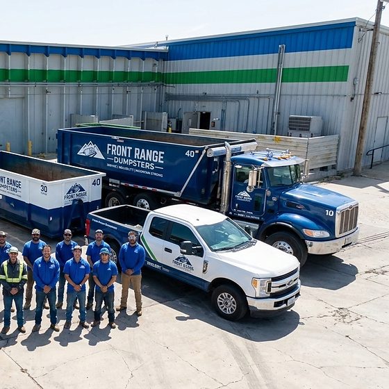 The Front Range Dumpsters crew standing in front of their roll-off containers and trucks