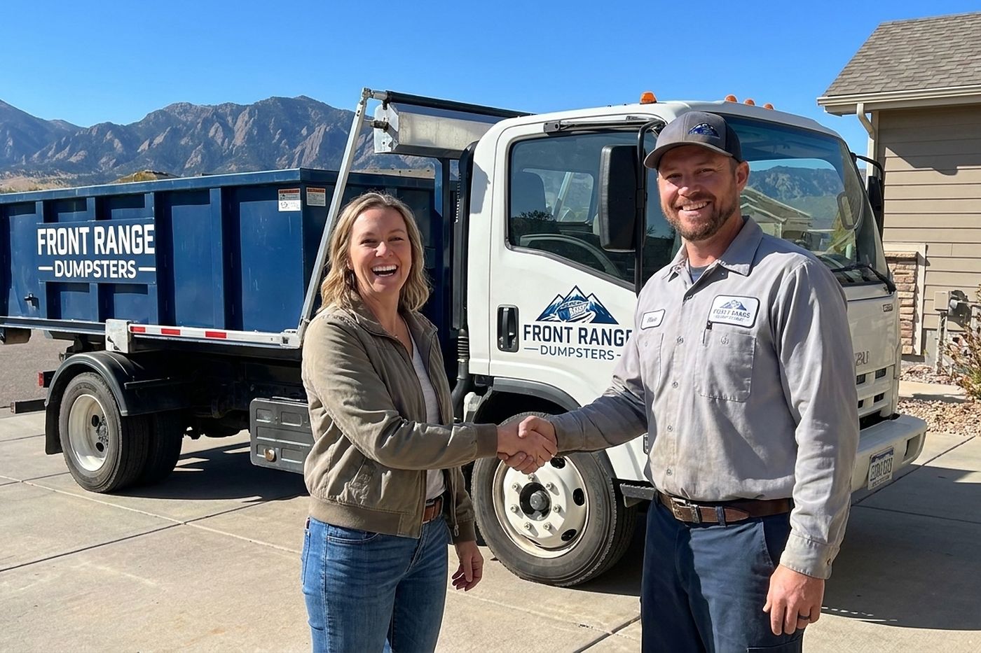A Front Range Dumpsters driver shaking hands with a homeowner beside a delivered roll-off truck